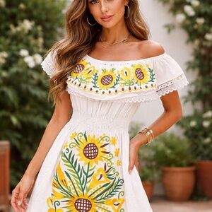 Unitalla One Size White Off Shoulder Embroidered Yellow Sunflower Dress Mexico
